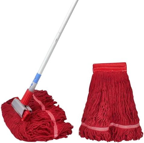 Commercial Mop-Heavy Duty Industrial 59 inch Looped-End String Mop Heavy Duty Industrial Cotton Mophead Includes 2 Head for Home,Garage, Workshop, Warehouse Floor Cleaning-red