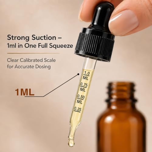 PrettyCare 99 Pack 0.5 oz Amber Glass Dropper Bottle with Black Cap, 15ml Mini Dropper Bottles Bulk - Empty Eye Dropper Bottles for Samples, Hair Oil, Liquid & Lab