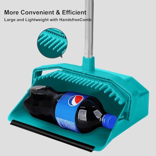 Broom and Dustpan Set for Home, 51" Long Handle Standing Dustpan Blue
