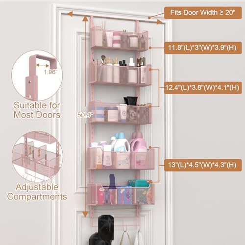 VyGrow Over The Door Organizer, Metal Door Organizer Hanging with 5 Adjustable Baskets and Coat Hook, Behind The Door Storage for Bedroom Closet Bathroom Pantry Cabinet Kitchen, Pink