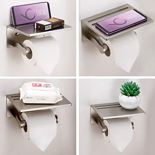 Toilet Paper Holder with Shelf and 2 Towel Hooks - Self Adhesive Toilet Paper Storage - Tissue Roll Holder with Phone Shelf - Wall Mount Toilet Roll Bathroom Organizer - Brushed Nickel