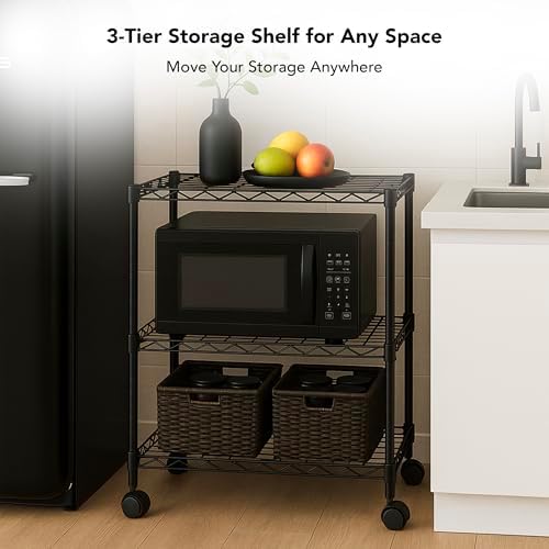 3 Tier Wire Shelving Unit Storage Rack, Metal Heavy Duty Utility Organizers, Organization Units for Metal Shelves, Pantry, Garage, Laundry Racks Durable Shelf Stand, 14"W x 24"L x 30"H, Black