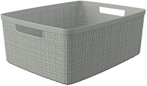 Curver Set of 6 Medium 12L Jute Decorative Plastic Organization and Storage Baskets - Perfect Bins for Home Office, Closet Shelves, Kitchen Pantry and All Bedroom Essentials, Grey