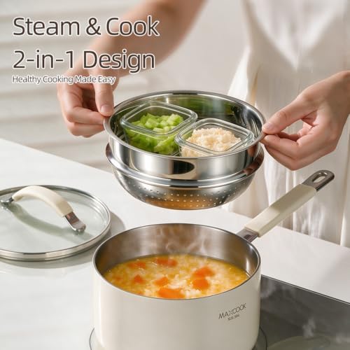 1.5 Quart Tri-Ply Stainless Steel Sauce Pan with Steamer, Heat Fast Evenly, Detachable Silicone Cover, Cooking Pot for All Cooktops