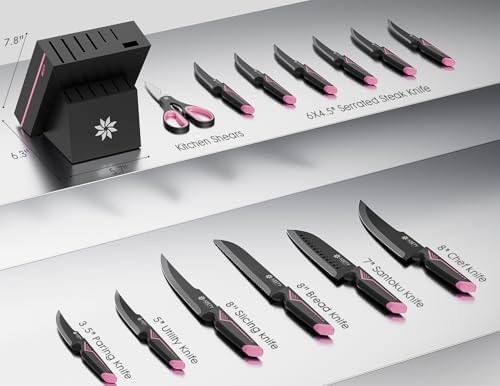 ASETY 15 PCS Knife Set with Block and Sharpener, Dishwasher Safe, Pink