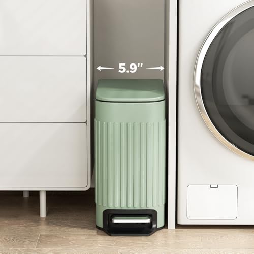 TrashAid Slim Bathroom Trash Can with Lid Soft Close & Pedal, 1.6Gal, Green