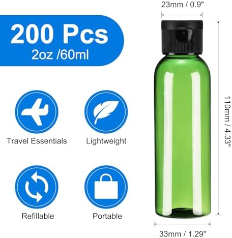 uxcell 2 Oz Plastic Bottles with Flip Caps, 200 Pcs Reusable Travel Size Containers with Lids Plastic Squeeze Refillable Dispensing Bottles for Shampoo, Body Soap, Toner(Green Black)