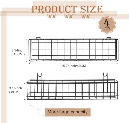 Black 4 Pack Grid Wall Hanging Baskets with 16 S Hooks, 15.8 x 3.9 x 3.2 Inch Metal Wire Wall Mount Storage Baskets for Grid Panels, Retail Display, Kitchen, Bathroom