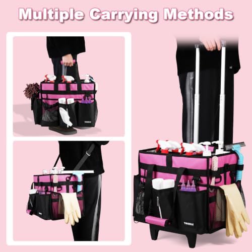Cleaning Caddy with Wheels, Rolling Cleaning Supplies Organizer with Bottom Board, Dividers & Shoulder Strap, Portable Utility Tote with Small Trolley, Rose Pink