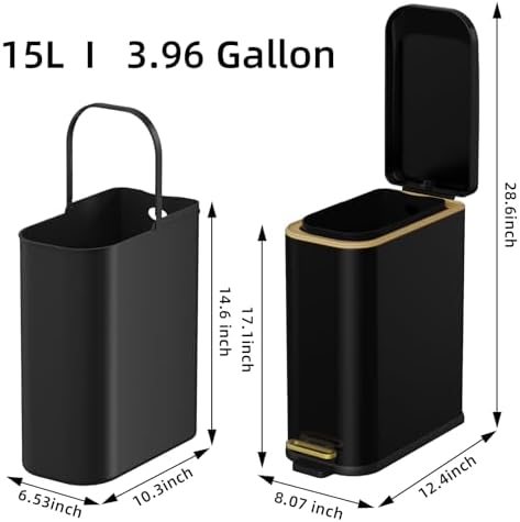KdbK Bathroom Trash Can with Soft Close Lid, 15L/ 4 GallonRectangular Trash Can with Removable Wastebasket, Step Pedal, Slim Wastebasket for Bedroom, Home Office,B