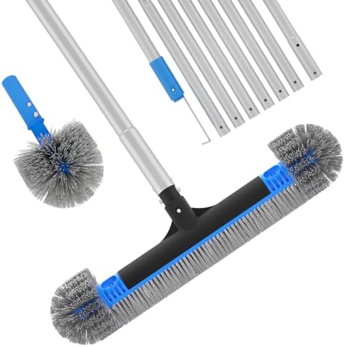 Upgraded Pool Brush with Pole - 20’’ 2-in-1 Heavy Duty Detachable Round Brush with Extra Side Brush for Cleaning Hard-to-Reach Corners, 9 FT Aluminum Extended Pool Pole with Hidden Hook Retriever