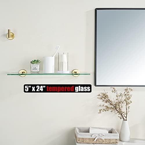 JQK Bathroom Glass Shelf Gold, Tempered Glass Shower Storage 24 by 5 inches, 304 Stainless Steel Brushed Gold Wall Mount, TGS101L24-BG