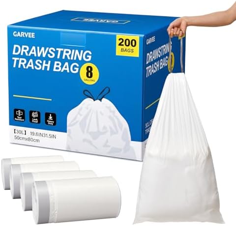 Garvee Tall Trash Bags 30L (8 Gallon) with Drawstring, 200 Count (4 Rolls), Heavy Duty Garbage Bags HDPE Puncture Resistant Leak Resistant, 50x80 cm (19.7” x 31.5”) Kitchen Trash Bags for Home Office