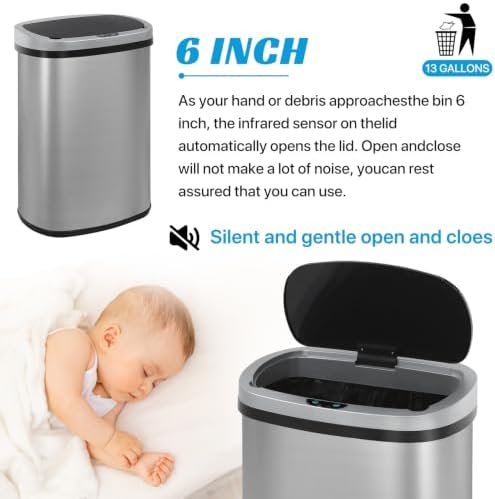 Kitchen Trash Can | Stainless Steel 13 Gallon Trash Can | 50L Touch Free Garbage Can with Lid | Electronic Sensor High Capacity Trash Bin for Bathroom Kitchen Office, Silver