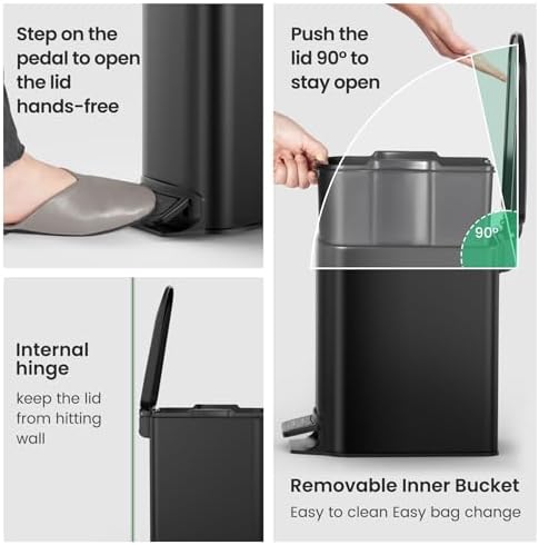 Cesun Small Bathroom Trash Can with Lid, 1.6 Gal, Soft Close, Matte Black