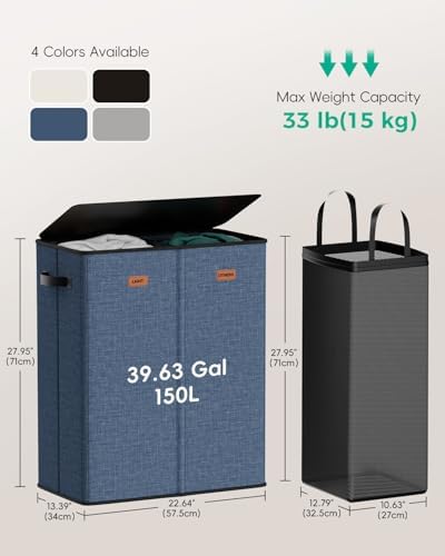 150L 2-Section Laundry Hamper with Lid – Removable Bag, Double Compartment Clothes Hamper for Bathroom, Bedroom, Dorm & Laundry Room