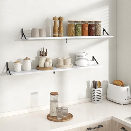 Floating Shelves 8 Inch Deep, 48W x 8D Wall Shelf Set of 2, 70 lbs Heavy Duty Reversible Metal Brackets, Industrial Book Shelf for Living Room Kitchen Bathroom Bedroom Gallery Wall, White