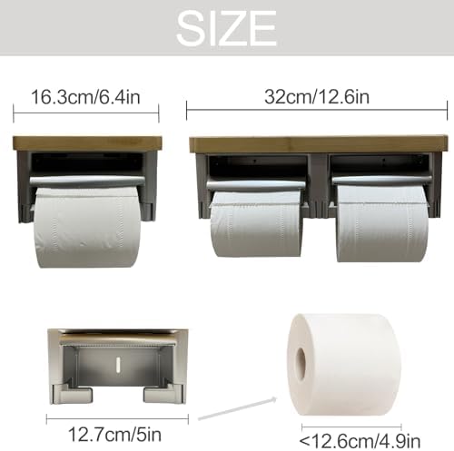 Modern Silver Toilet Paper Holder with Wooden Top, Silver Double Toilet Paper Holder with Wooden Top, Bamboo Toilet Paper Holder for Bathroom