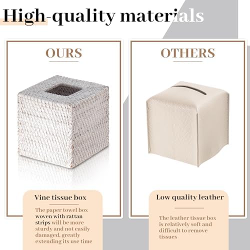 Kigley 2 Pcs Square Rattan Tissue Box Cover Boho Wicker Tissue Cube Box Cover 5.5'' x 5.5'' x 5.5'' Decorative Natural Wicker Hand Woven Napkin Box Holder Bathroom Office Car Accessories (White)