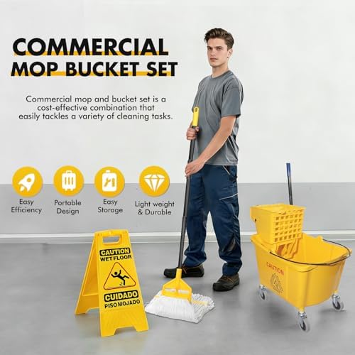 KULED Commercial Mop Bucket with 2 Mop Heads and Caution Sign, 38 Quart