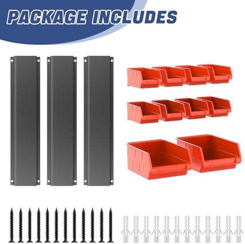WALMANN Wall Mount Storage Bins for Small Parts, 10 Bins with 3 Metal Rails