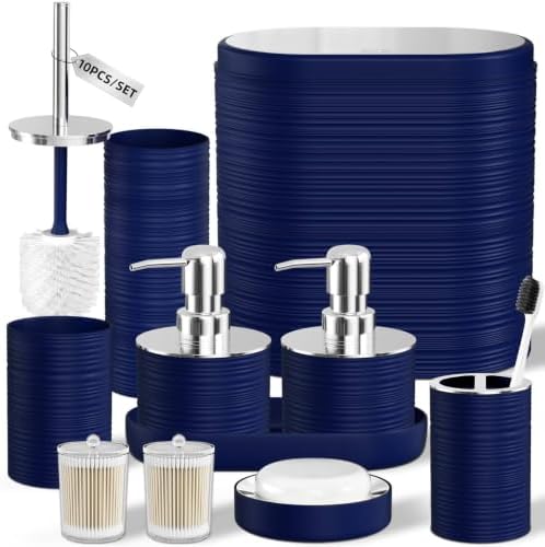 Bathroom Set, 10PC Bathroom Accessory Set, Navy Blue Bathroom Accessories, Navy Blue Bathroom Set with Trash Can, Soap Dispensers