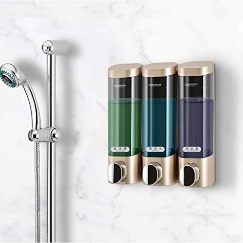 Triple Soap Dispenser Plastic Wall Mount Manual Liquid 3x300ml Shampoo dispensers with Lock for Bathroom (Gold)