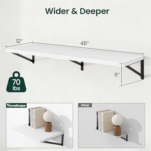 Floating Shelves 12 Inch Deep, 48W x 12D Wall Shelf Set of 2, 70 lbs Heavy Duty Reversible Metal Brackets, Deep Industrial Book Shelf for Living Room Kitchen Bath Bedroom Coffee Bar, White