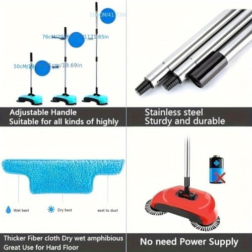 Manual Sweeper, Carpet Sweeper, Mini Hand Push Sweeper 3 in 1 Household Cleaning Lazy Dustpan Trash Bin 360° Rotating Floor Cleaning Mop for Hardwood Ceramic Tiles, with 10 Cloth (Lake Blue)