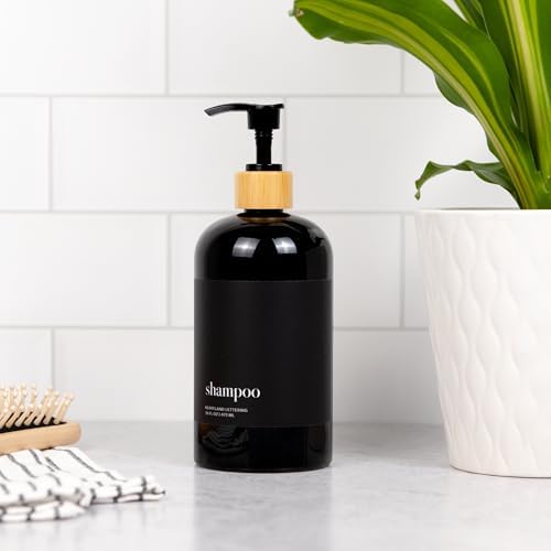 Heartland Lettering's Stylish Glossy Black Shampoo Dispensers with Matte Black Labels, Set of 3 Modern Shatterproof Plastic Bottles with Bamboo Pumps Instantly add Organization to Your Bathroom