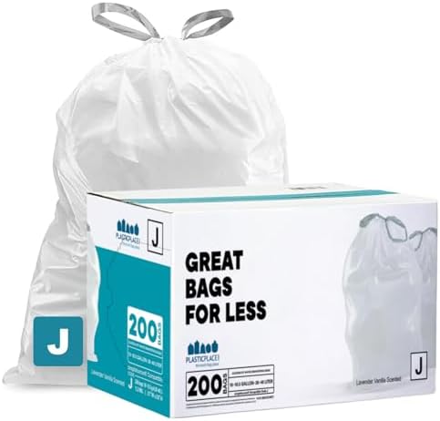 Plasticplace White Drawstring Lavender and Soft Vanilla Scented Garbage Can Liners, Compatible with Code J (200 Count) 10-10.5 Gallon / 38-40 Liter, 21" x 28 "
