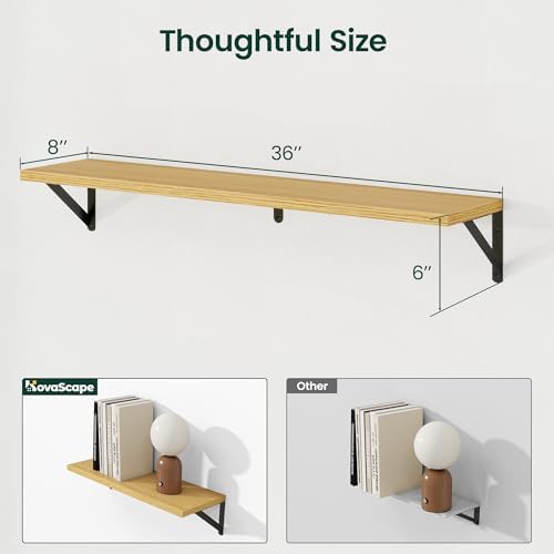 Floating Shelves 8 Inch Deep, 36W x 8D Wall Shelf Set of 2, 60 lbs Heavy Duty Reversible Metal Brackets, Industrial Book Shelf for Living Room Kitchen Bathroom Bedroom Gallery Wall, Oak
