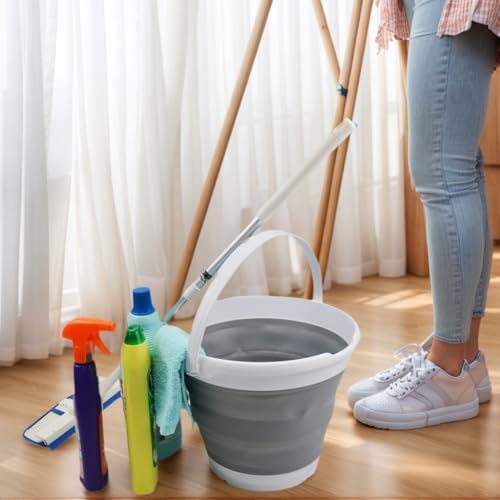SAMMART 10L (2.6 Gallon) Collapsible Plastic Bucket - Foldable Round Tub - Portable Fishing Water Pail - Space Saving Outdoor Waterpot. Size 31cm Dia (White/Grey (Set of 2))