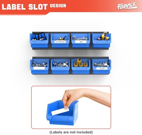 TORACK Wall-Mounted Storage Bins, 8 Plastic Bins & 2 Tracks, Blue