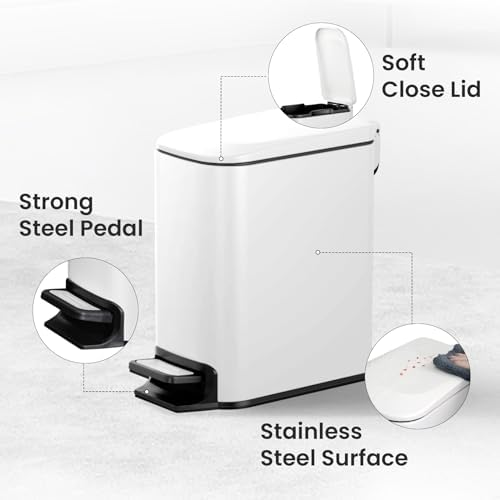 Cesun Small Bathroom Trash Can with Lid, 1.6 Gal, Soft Close, White