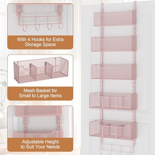 VyGrow Over The Door Organizer, Metal Door Organizer Hanging with 5 Adjustable Baskets and Coat Hook, Behind The Door Storage for Bedroom Closet Bathroom Pantry Cabinet Kitchen, Pink