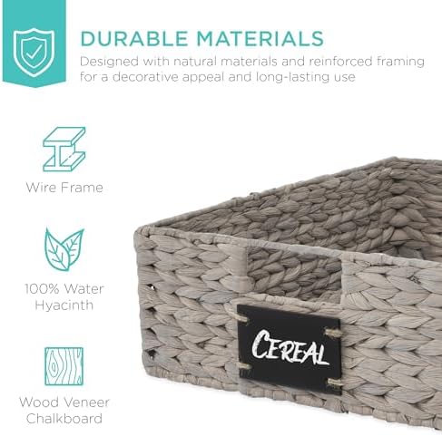 Best Choice Products Set of 4 16x12in Large Water Hyacinth Pantry Baskets, Woven Organizers w/Chalkboard Label, Chalk Marker - Gray