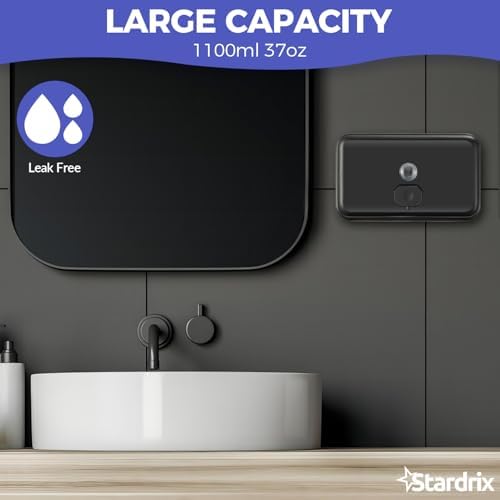 Stardrix Matte Black Stainless Steel Horizontal 1100ml/37oz Capacity Commercial-Grade Soap Dispenser, Wall-Mounted Bathroom Hand Soap Dispenser with Corrosion-Proof Lining and Anti-Leak Pump
