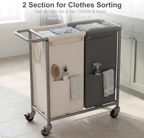 Heybly 2-Section Laundry Sorter Hamper,Rolling Laundry Hamper with Removable Bags – Heavy-Duty Laundry Sorter Cart with Wheels for Dirty Clothes, 29.1 x 15.4 x 33.1 Inches,HLH023P02