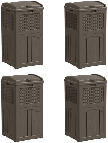 Greesum 33 Gallon Outdoor Trash Can with Lid, Waterproof Resin Garbage Bin for Hideaway, Deck, Patio, 4 Pack, Dark Brown
