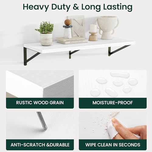 Floating Shelves 12 Inch Deep, 48W x 12D Wall Shelf Set of 2, 70 lbs Heavy Duty Reversible Metal Brackets, Deep Industrial Book Shelf for Living Room Kitchen Bath Bedroom Coffee Bar, White