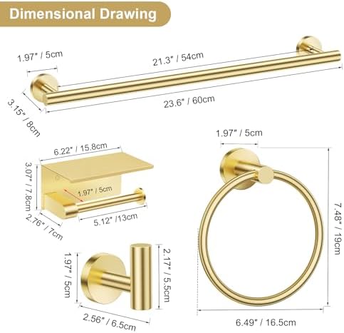 Lairuier Bathroom Hardware Set Brushed Gold, Towel Holder Set Wall Mounted
