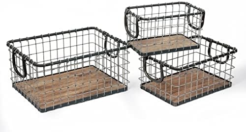 Set of 3 Rectangular Sturdy Hand Welded Farmhouse Metal Wire Basket with Rustic Wooden Bottom For Shelves, Closet Storage Bins for Shelves. Also For Laundry, Towel, Spice Rack, Tool Box (SET OF 3)