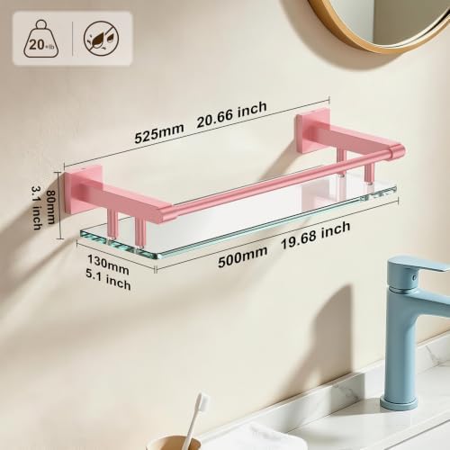 Glass Shelf for Bathroom Rectangular Stainless Steel Tempered Glass Modern Stainless Steel Wall Mount Shelf (Pink, 20″ with Railing)
