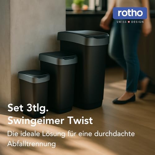 Rotho Twist Kitchen Bin Set of 3 10 L 25 L 50 L Lid Black/Silver