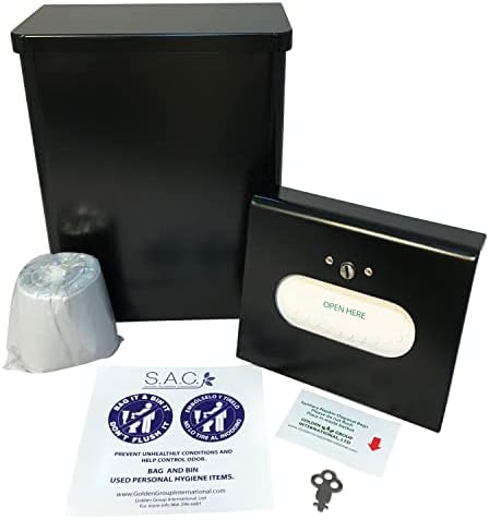 Sanitary napkin receptacle, surface mounted, with liners, courtesy disposal bags and dispenser, steel, total solution bundle (black)