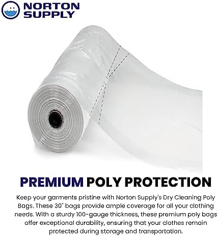 Norton Supply Dry Cleaning Poly Bags - Transparent Plastic Garment Cover, 30" Long, 100 Gauge Thickness, Suit Packing, Travel & Laundry Clothes Closet Hanging
