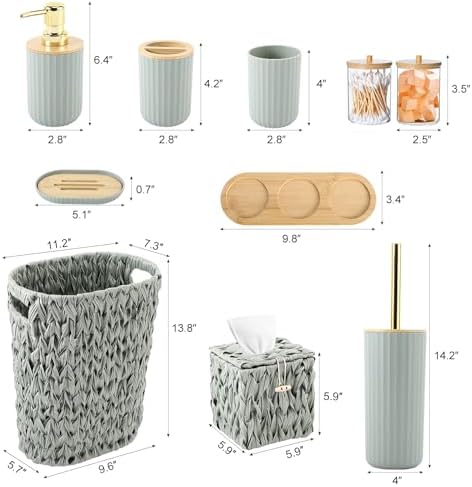 Bathroom Accessory Set, 10 Pieces Bath Set Sage Green Wicker Trash Can