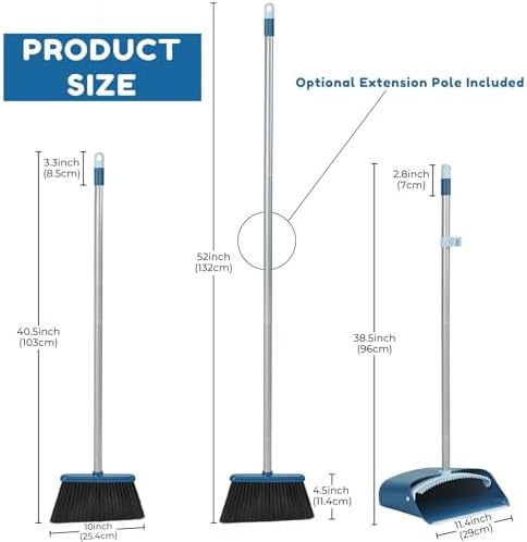 TreeLen Standing Dustpan and Broom Set with 52 Inch Long Extendable Handle for Cleaning Home, Interiors, Kitchens, Office Lobby Floors, Blue