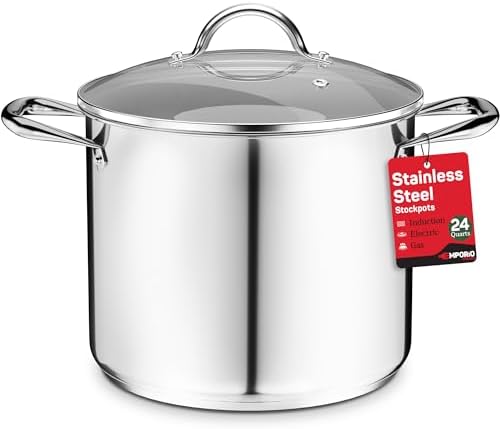 Stainless Steel Stockpot with Tempered Glass Lid 24 Quart, Durable 18/0 Stainless Steel, Impact-Bonded Base for Even Heating, Riveted Handles, Oven & All Stove Compatible, Safe Up To 500°F (260°C)